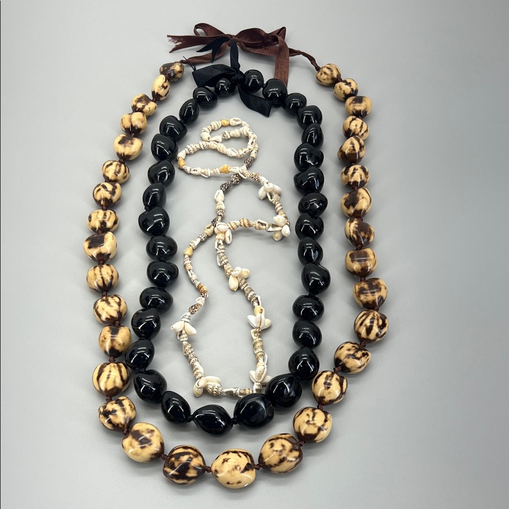 Kukui Black, Brown, Shell Beaded Necklaces Nut Mongo Hawaiian Lei Unisex